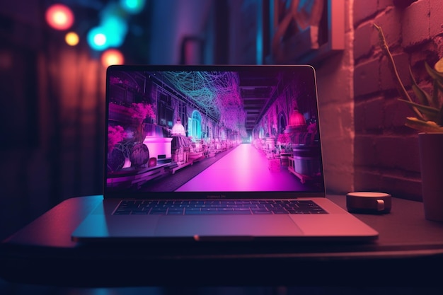 A laptop with a purple background and the screen is lit up.