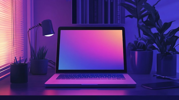 Photo a laptop with a purple and blue screen that says quot blue quot