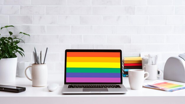 A laptop with a rainbow flag on the screen.