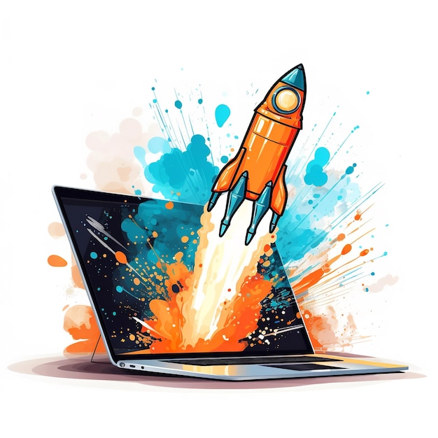 a laptop with a rocket flying out of it