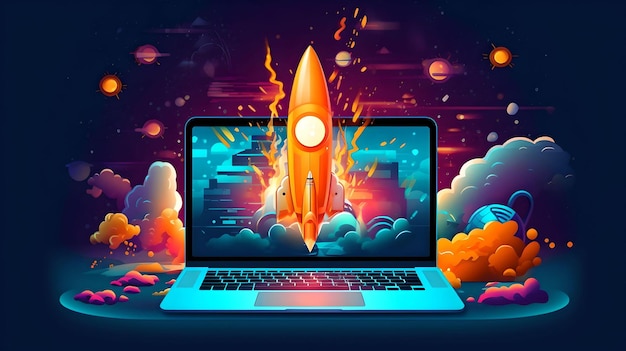 Laptop with a rocket taking off Concept of earning money online Generative AI