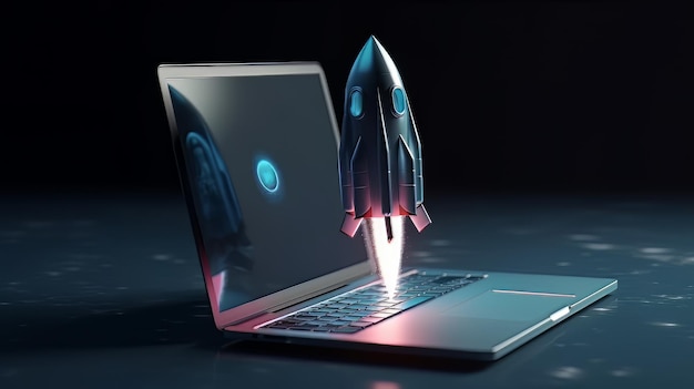 Laptop with a rocket taking off Concept of earning money online working in digital business entrepreneurship cryptocurrency investment digital marketing AI Generate