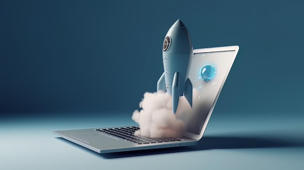 Laptop with a rocket taking off Concept of earning money online working in digital business entrepreneurship cryptocurrency investment digital marketing AI Generate