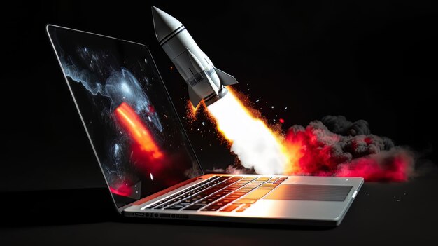 Laptop with a rocket taking off Concept of earning money online working in digital business entrepreneurship cryptocurrency investment digital marketing AI Generate