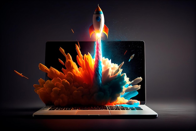 Laptop with a rocket taking off Concept of earning money online working in digital business entrepreneurship cryptocurrency investment digital marketing Generative AI