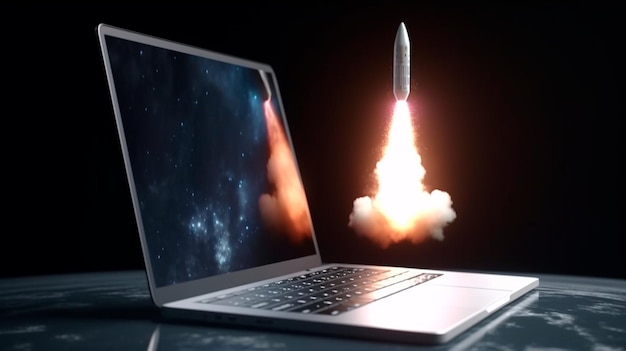 Laptop with a rocket taking off Concept of earning money online working in digital business entrepreneurship cryptocurrency investment digital marketing Generative AI