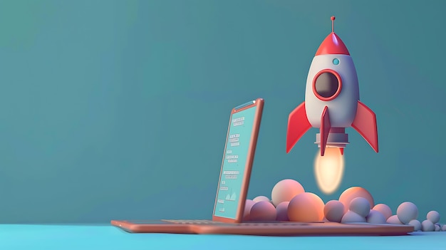 Laptop with Rocket Taking Off Concept of Startup Growth and Success