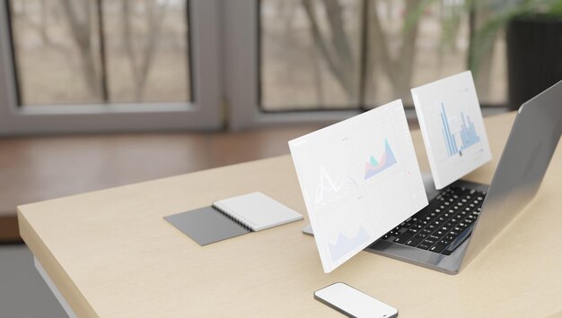 laptop with screen illustration of application or software exit as business graph analysis data