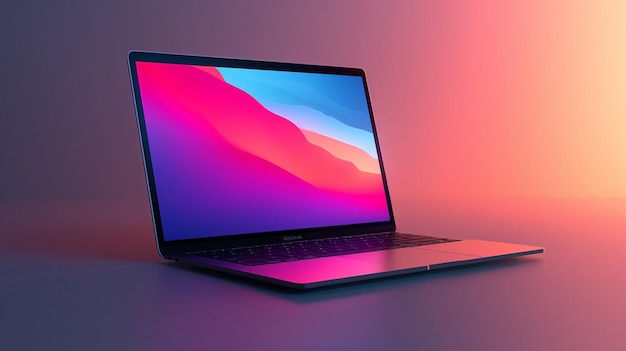 a laptop with the screen lit up with the pink and blue colors of the screen