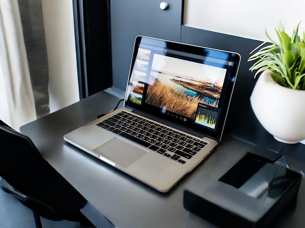 a laptop with the screen showing a landscape on the screen