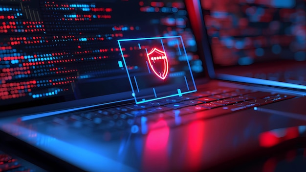 A laptop with a shield icon antivirus protection