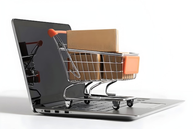 Laptop with Shopping Cart and Boxes on It