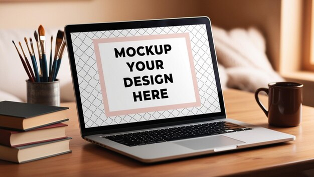 Photo a laptop with a sign that says scm design your design here