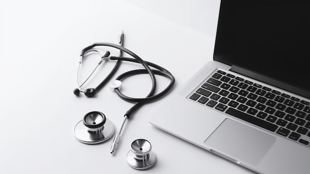 A laptop with a stethoscope next to it