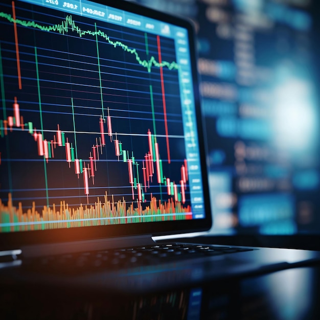 Laptop with stock market chart on screen Finance and trade concept 3D Rendering