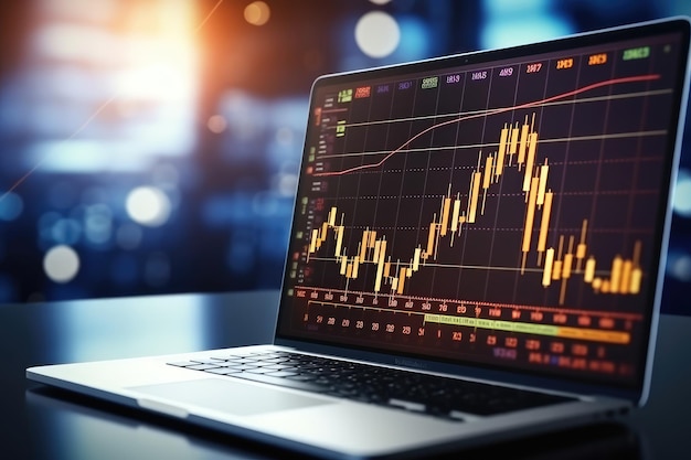 Laptop with stock market chart on screen Financial and trading concept