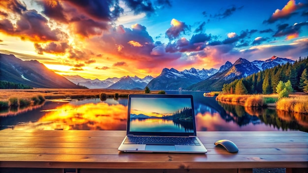 a laptop with a sunset in the background and a mountain landscape in the background