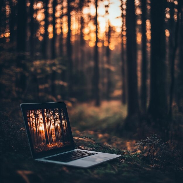 Photo laptop with sunset forest image on screen in a forest