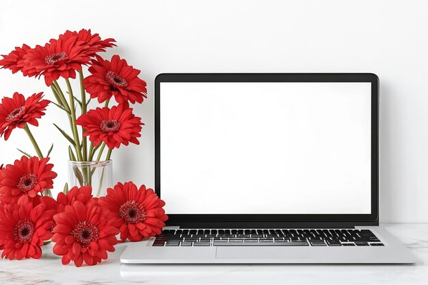 a laptop with a vase of flowers and a laptop on it