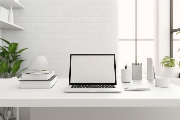 A laptop with a white background and a stack of books on the table.