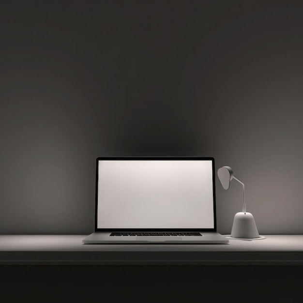 A laptop with a white lamp on a table