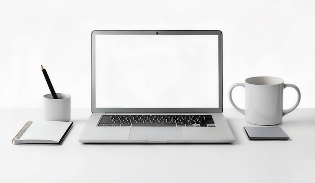 a laptop with a white mug and a coffee mug on a table