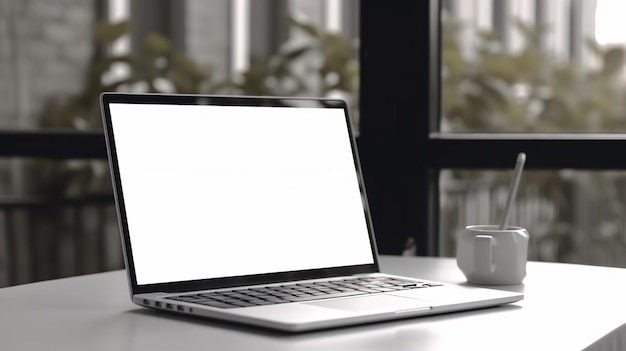 A laptop with a white screen and a cup of coffee on a desk laptop mockup concept