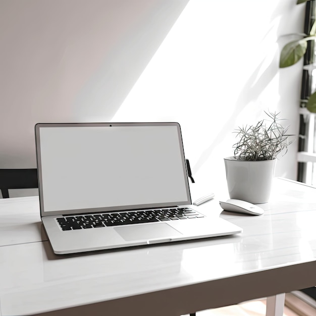 A laptop with a white screen is on a table with a plant.