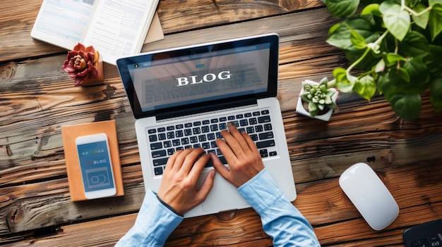 Photo a laptop with the word blog on the screen is placed on a desk surrounded by stationery and plants