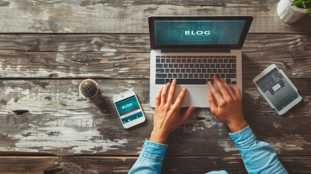 Photo a laptop with the word blog on the screen is placed on a desk surrounded by stationery and plants