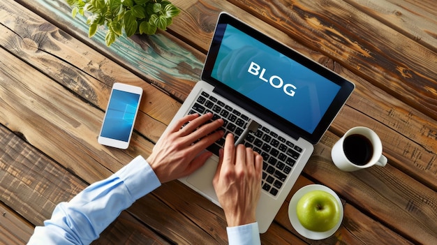 Photo a laptop with the word blog on the screen is placed on a desk surrounded by stationery and plants