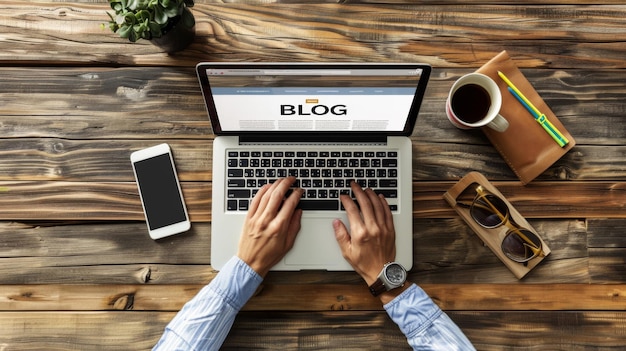 Photo a laptop with the word blog on the screen is placed on a desk surrounded by stationery and plants