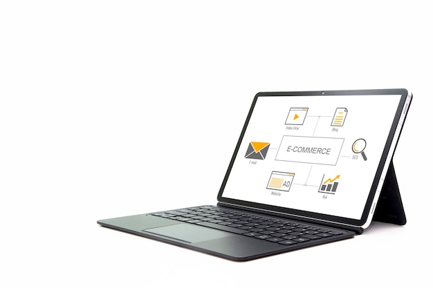 A laptop with the word commerce on the screen