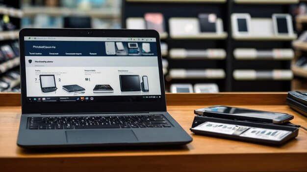 Photo laptop on a wooden desk displaying an online shopping website surrounded by gadgets