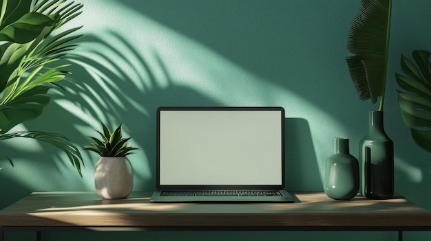 Photo laptop on a wooden desk with green plants and a teal wall