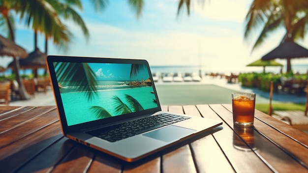 laptop on wooden table on the beach tropical sea vacation resort online job