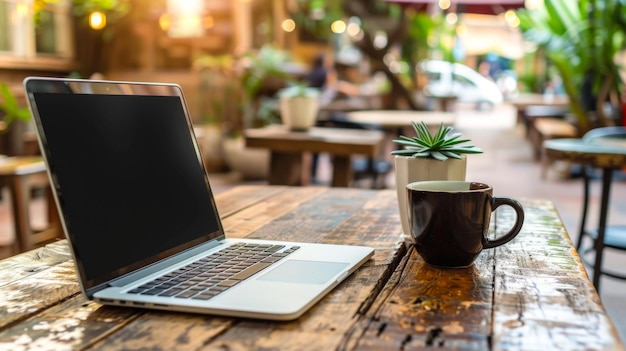 Laptop on a wooden table in a cafe setting with a coffee cup and plant