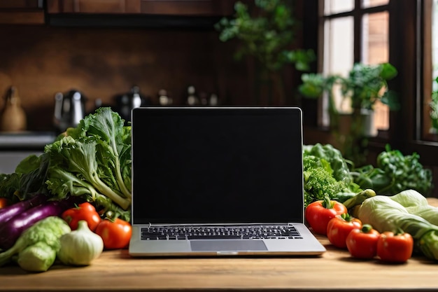 laptop on wooden table fresh organic vegetables Home cooking and healthy diet concept