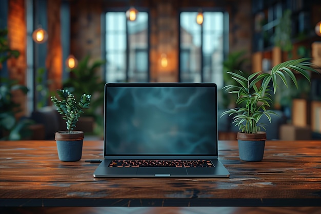 Laptop on a wooden table in a modern office