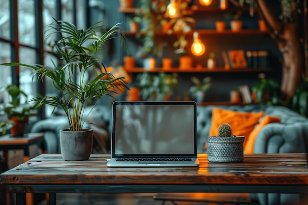 Laptop on wooden table with plants and a couch in a modern interior