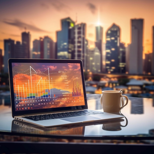 Laptop on wooden table with stock market graph and coffee cup on blurry city background