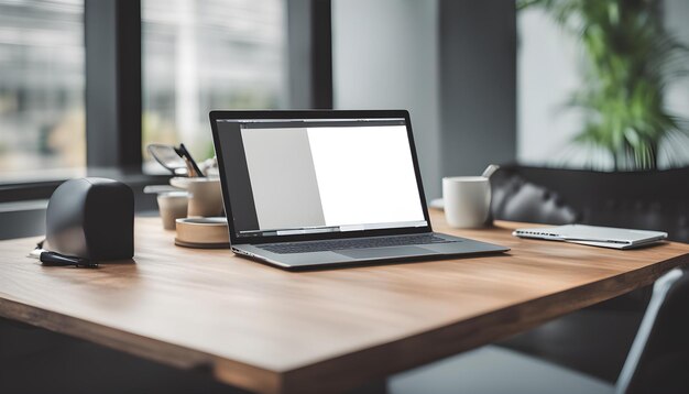 a laptop on a wooden table with a white screen that says  open