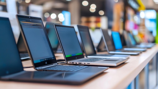 Photo laptops on display in electronics store for sale