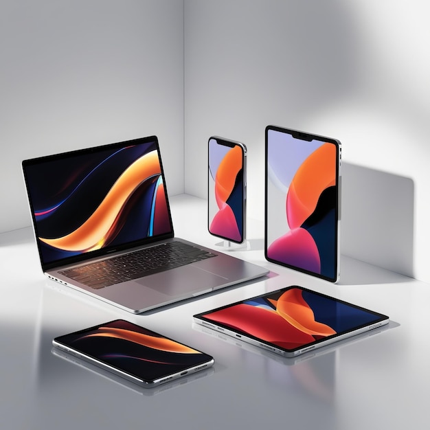 Photo laptops smartphone and tablet in minimalist setting