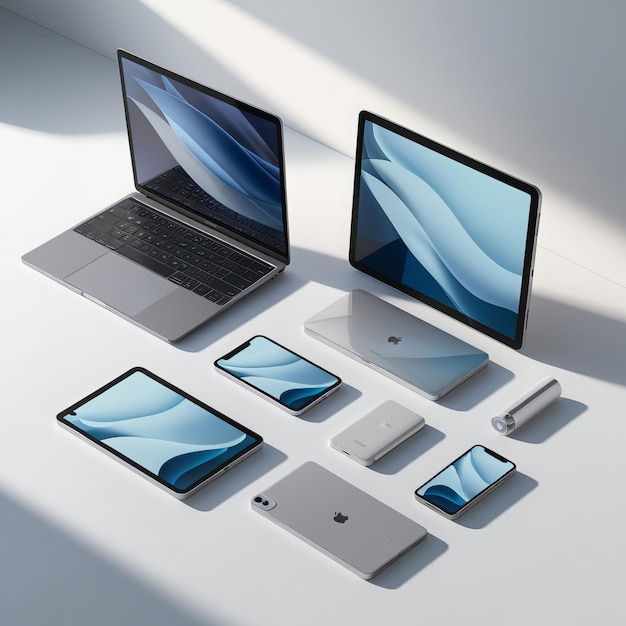 Photo laptops smartphone and tablet in minimalist setting