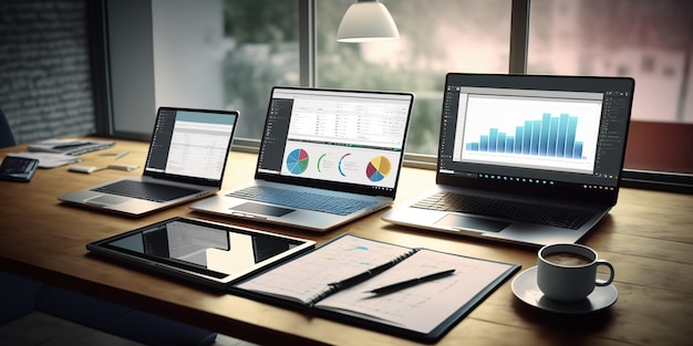 Laptops on a table with a screen showing a graph of a phone and a number of other laptops