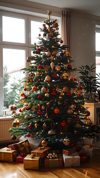 Larch christmas tree with gifts in a festive living room