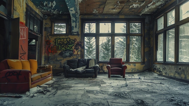 A large abandoned room with broken furniture and graffiti on the walls The windows are covered in snow