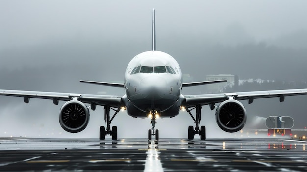 A large Airbus airplane stands prominently on the runway in fog