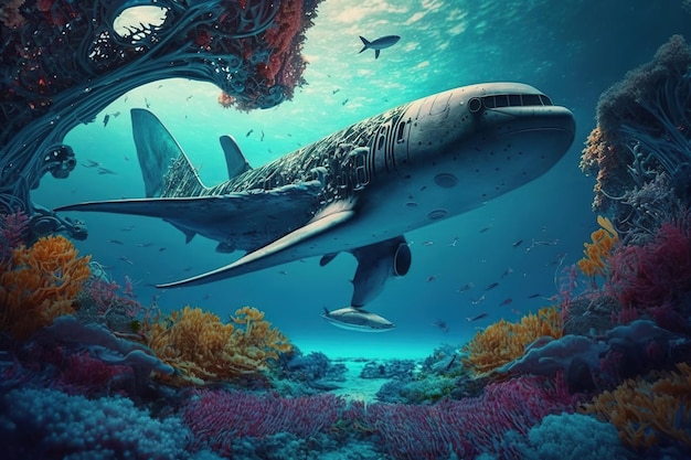 A large airplane or aircraft underwater covered in green algae